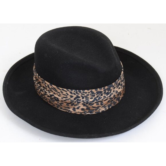 VTG Importina Panama Fedora Wide Brim Leopard Black Faux Suede Band Hat NEW - Picture 1 of 6